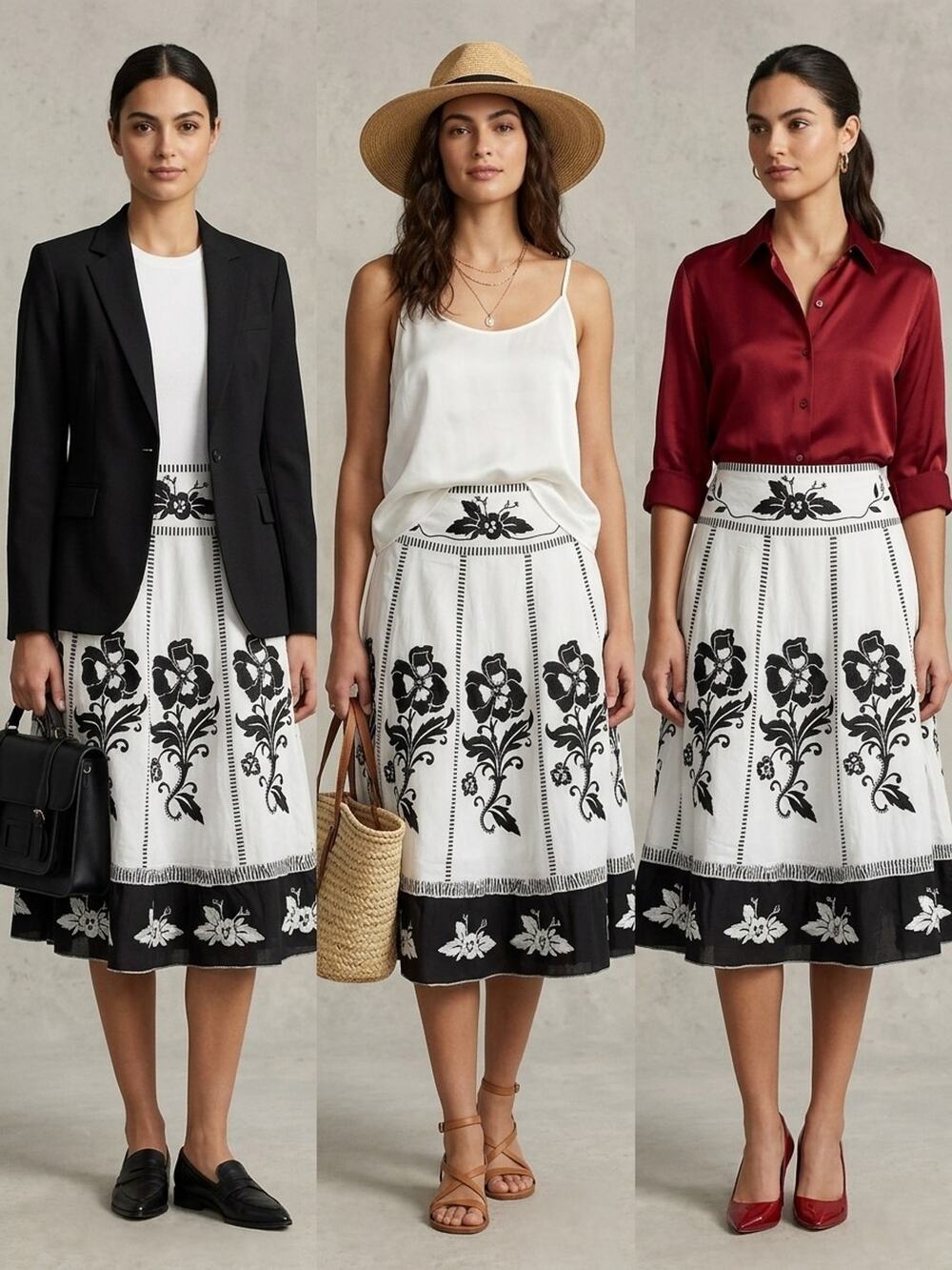 Cottagecore Floral Embroidered Cotton Circle Midi Skirt Black White Artsy Sz-6